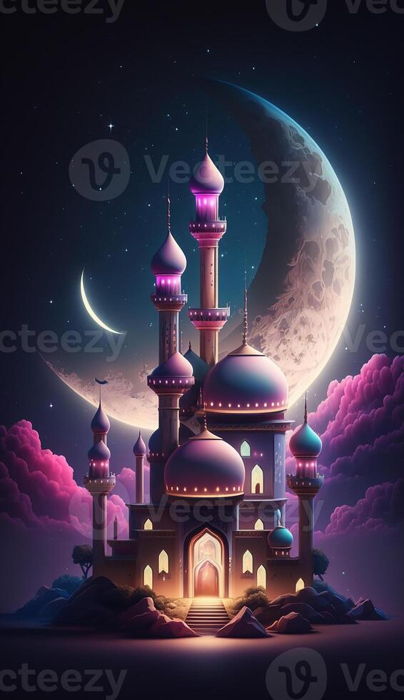 Mosque in the clouds with crescent moon. photo
