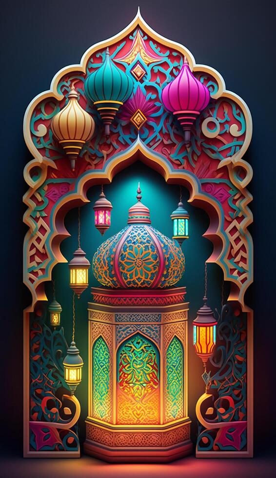 3d render mosque element in ornate arabic, Islamic architecture style interior. photo