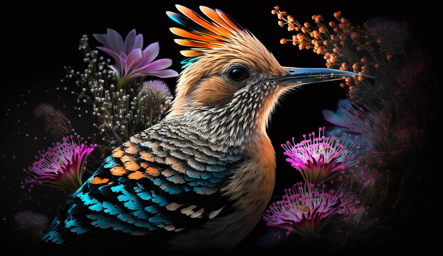 pájaro en vistoso flores antecedentes. ai generativo foto