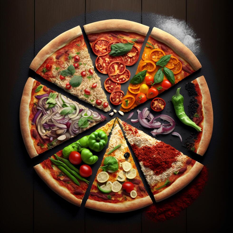 Hot tasty pizza with fire flames on dark background. Image for menu or poster. photo