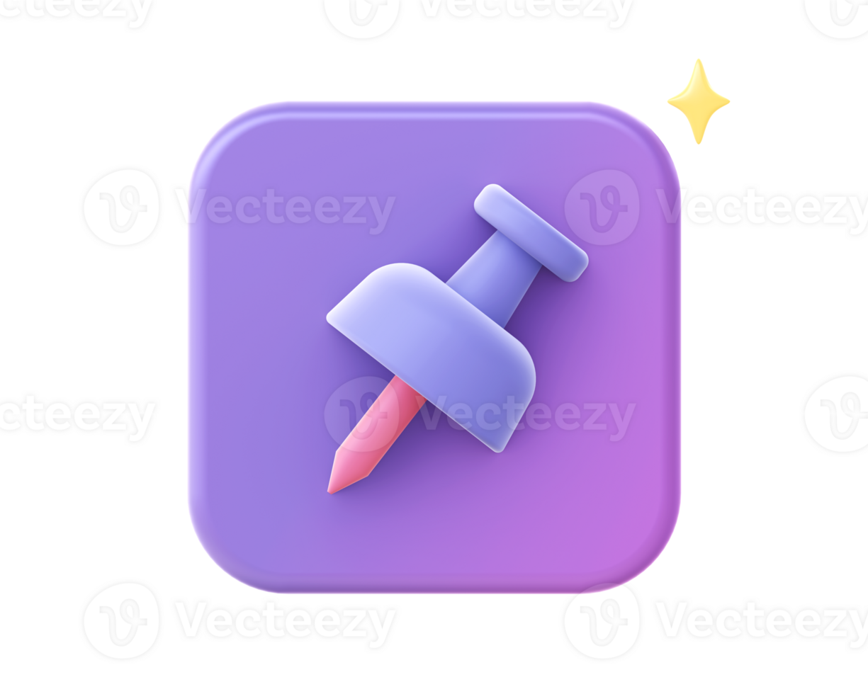 3d render of Simple purple paper push pin clipart icon for UI UX web mobile apps social media ads design png