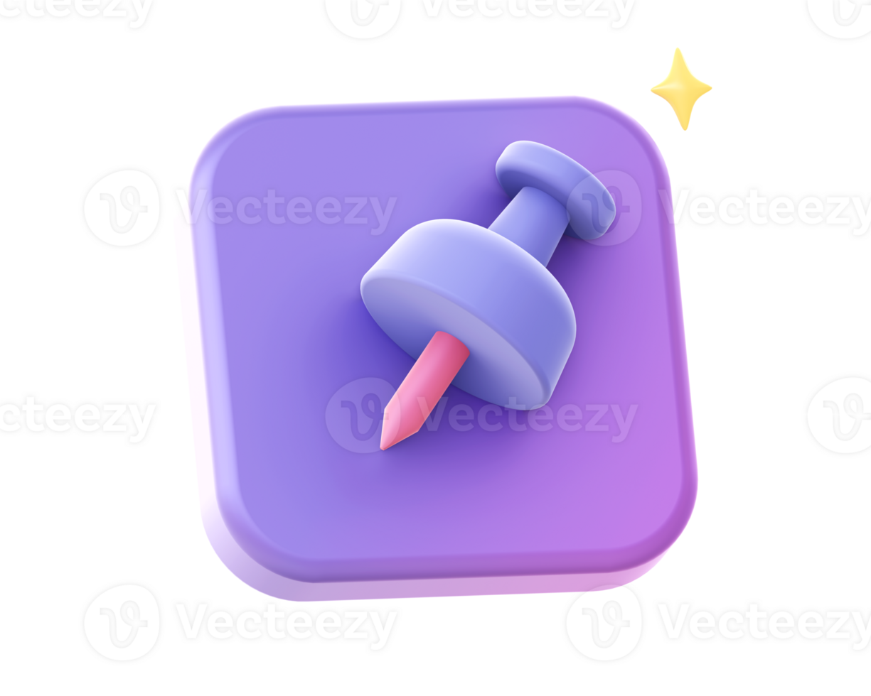 3d render of Simple purple paper push pin clipart side icon for UI UX web mobile apps social media ads design png