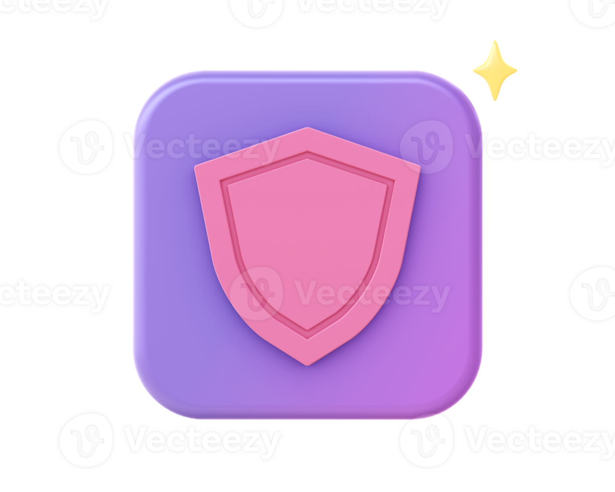 3d render of purple protection shield icon for UI UX web mobile apps social media ads design png