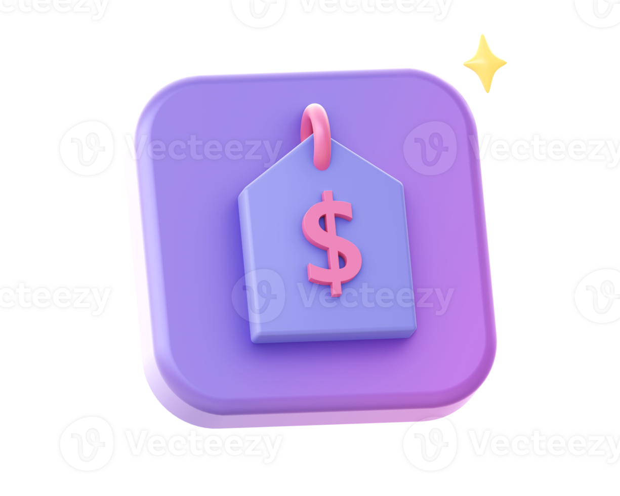 3d render of purple price tag promo discount side icon for UI UX web mobile apps social media ads design png