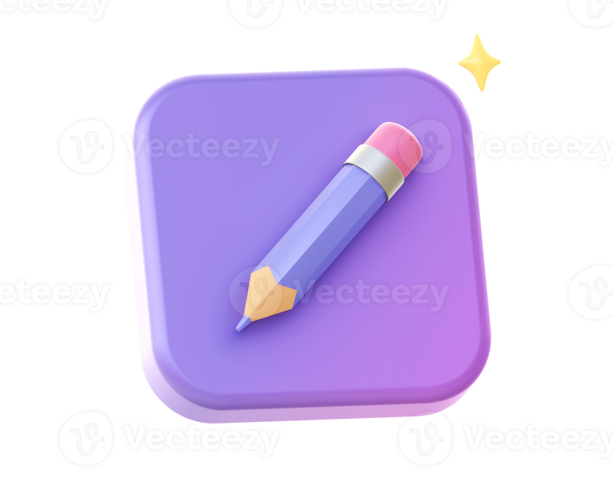 3d render of purple pencil side icon for UI UX web mobile apps social media ads design png