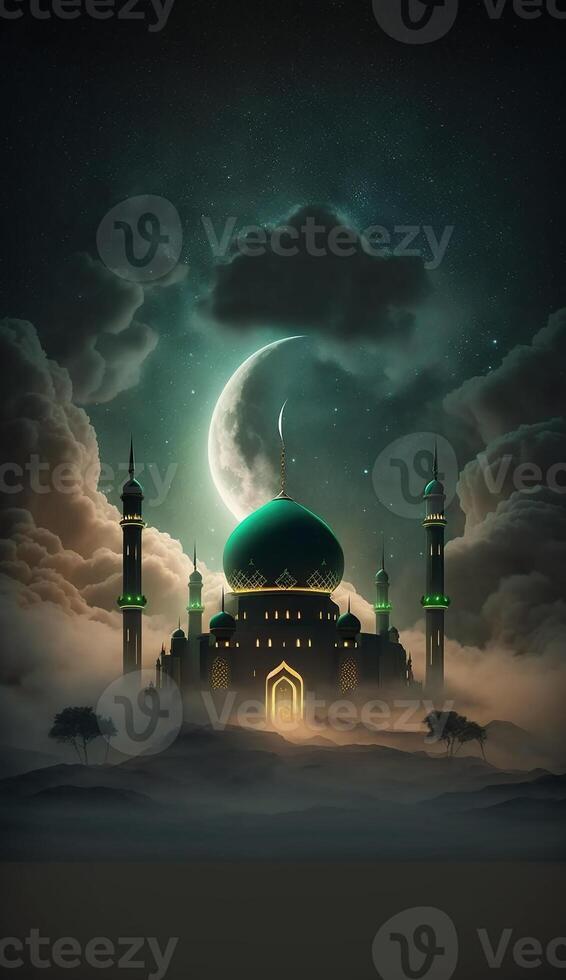 Mosque in the clouds with crescent moon. photo