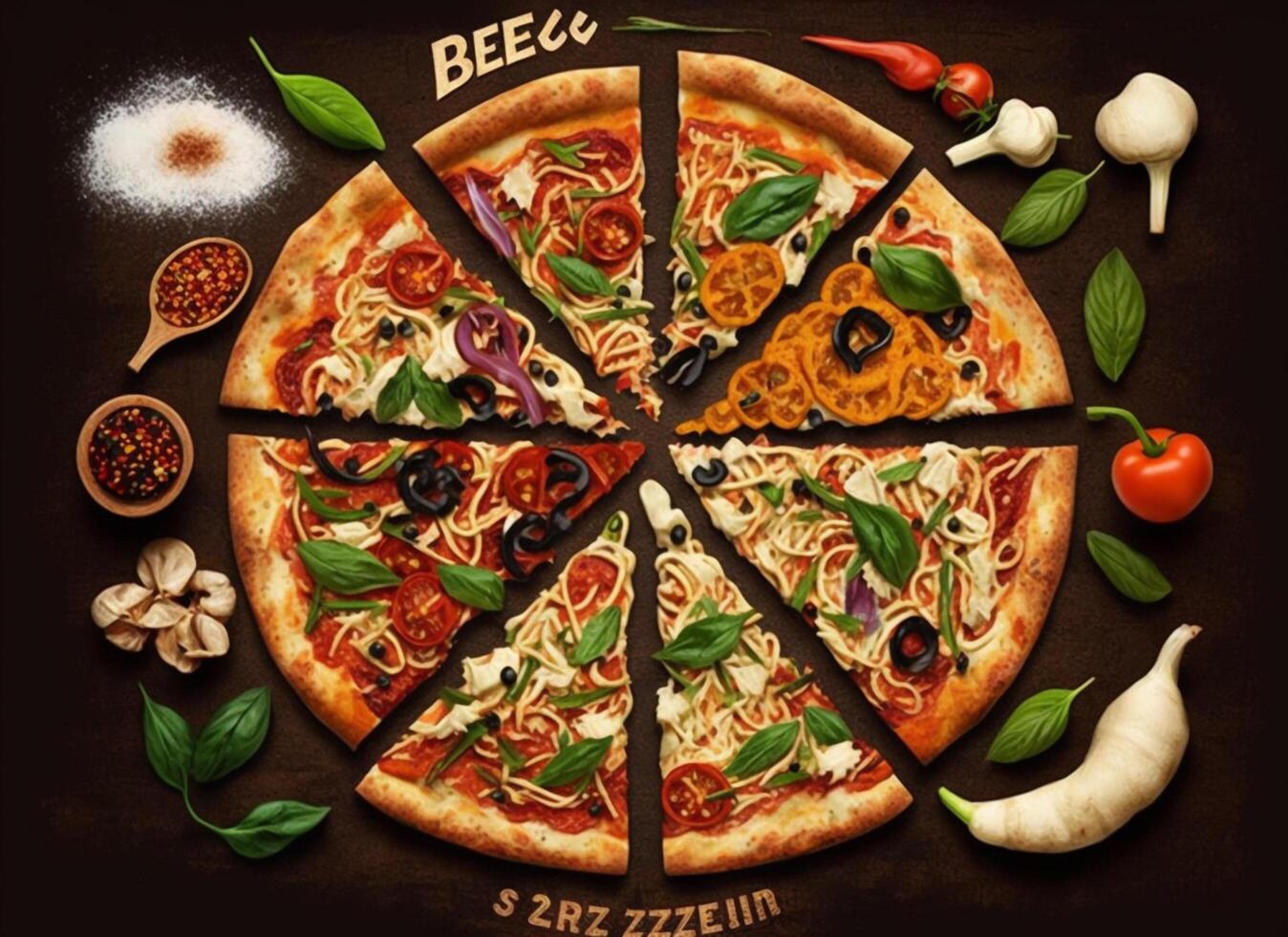 Hot tasty pizza with fire flames on dark background. Image for menu or poster. photo