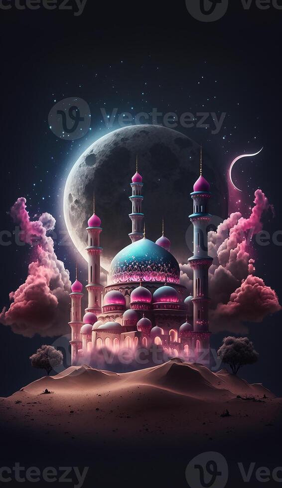 Mosque in the clouds with crescent moon. photo