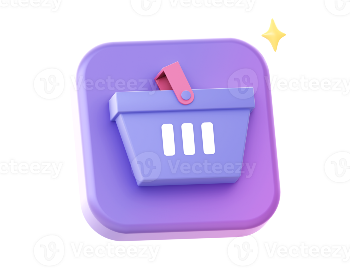 3d render of purple shopping basket cart side icon for UI UX web mobile apps social media ads design png