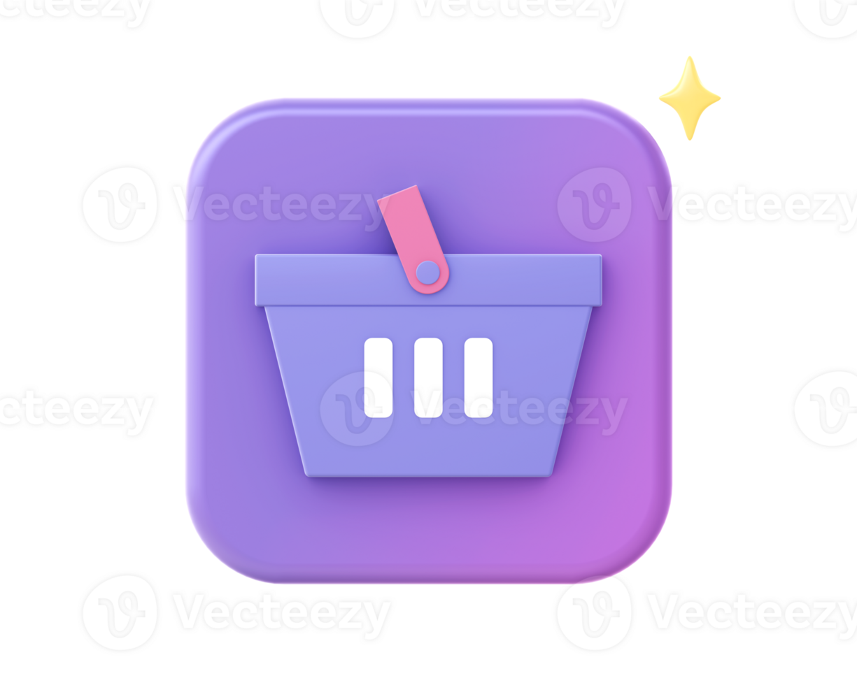 3d render of purple shopping basket cart icon for UI UX web mobile apps social media ads design png