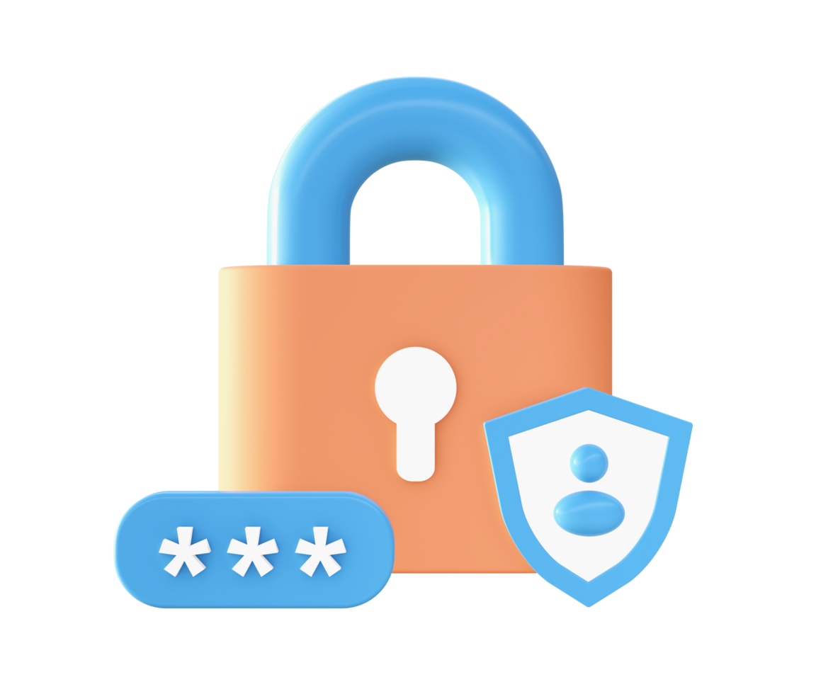 3d Orange security padlock and shield icon for UI UX web mobile apps social media ads design png