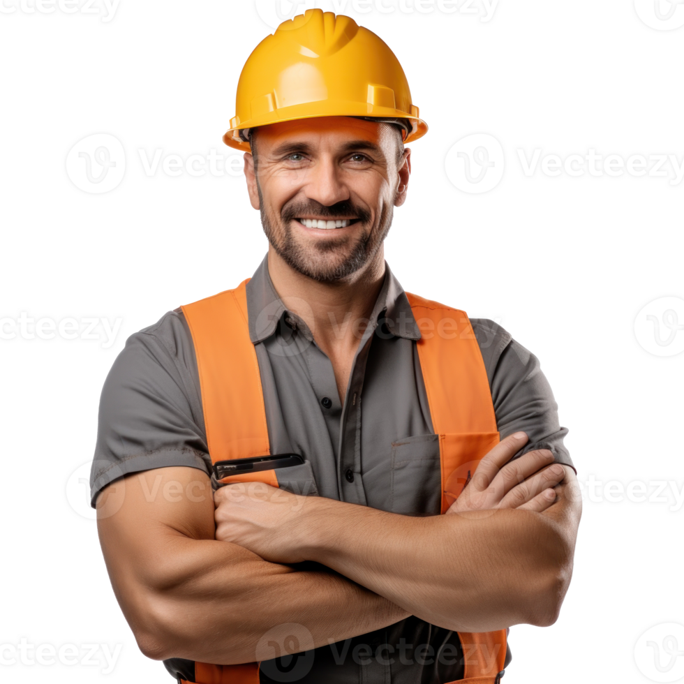 attrayant homme dans construction casque png