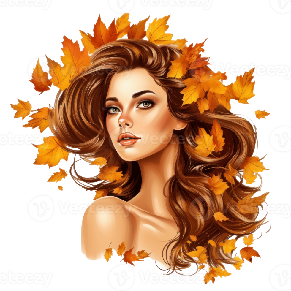 Autumn girl with falling leaves png