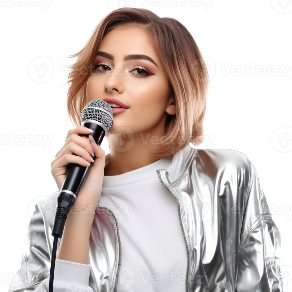 Model girl with microphone isolated png