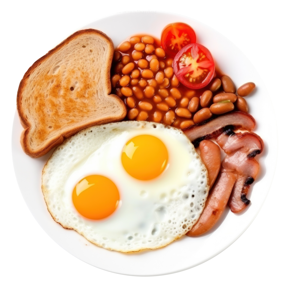 English breakfast with eggs, bacon and beans png