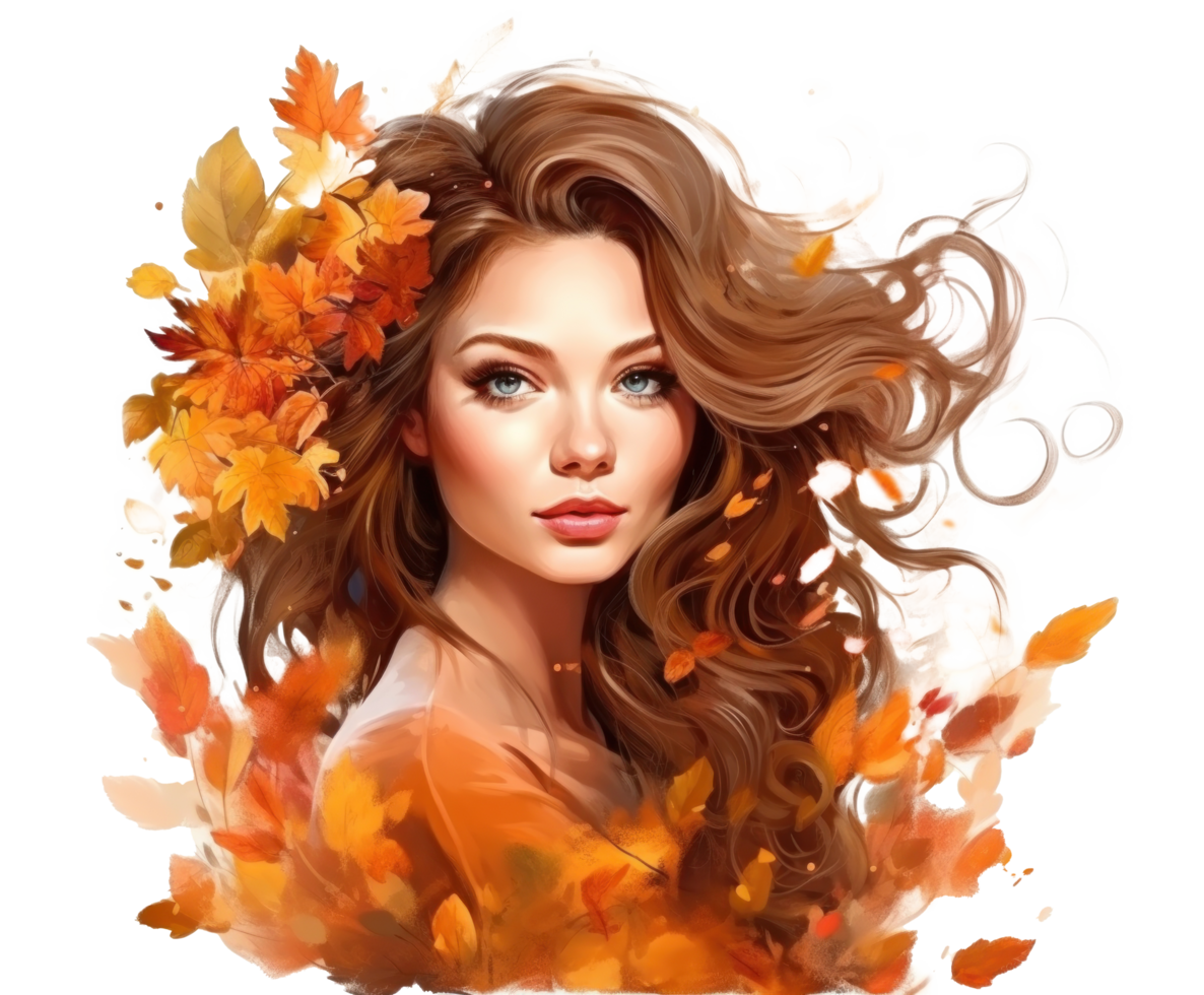 Autumn girl with falling leaves png