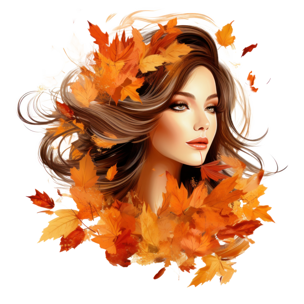 Autumn girl with falling leaves png