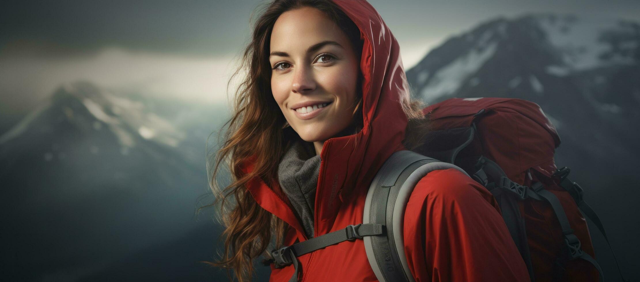 mujer en el montañas con mochila foto