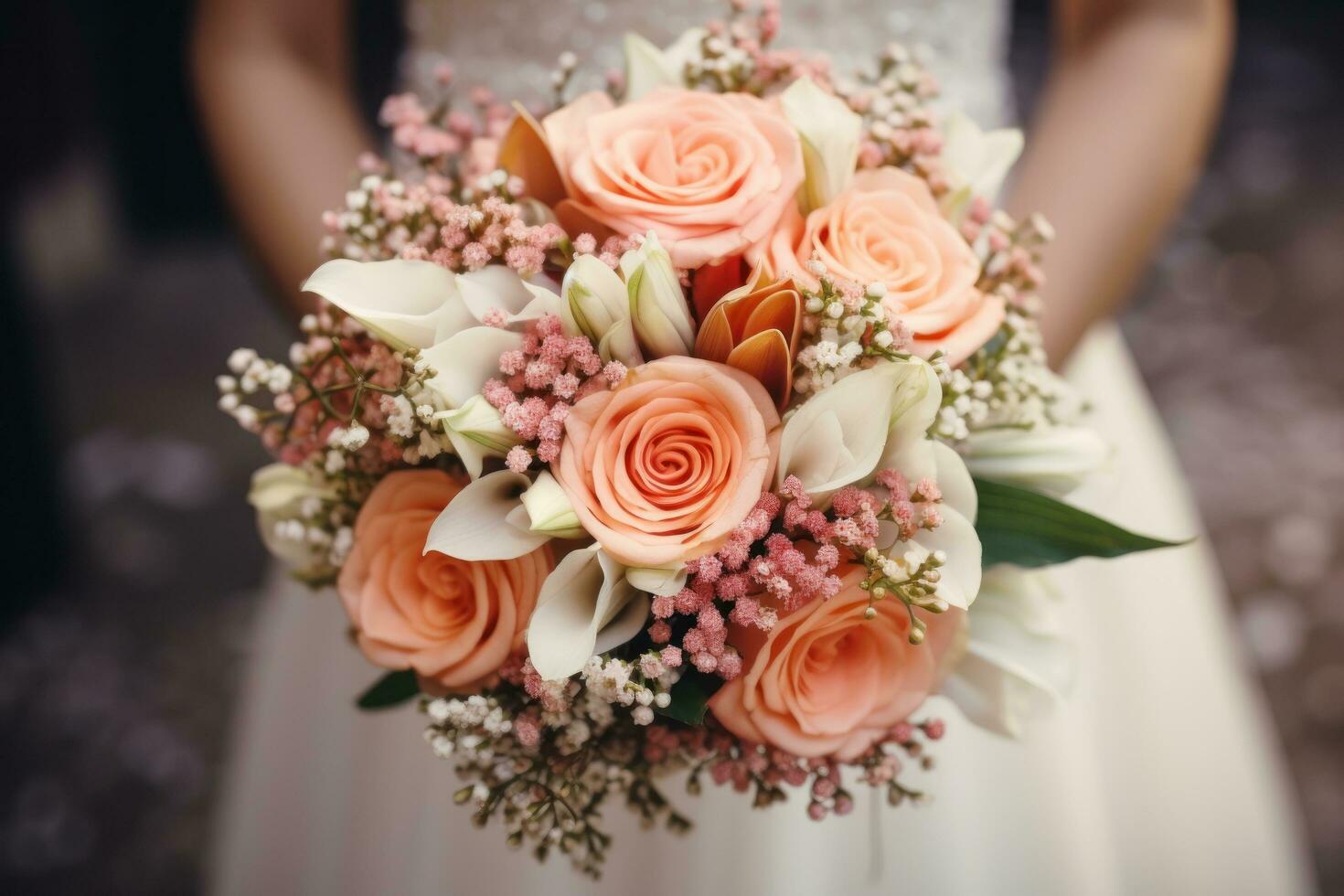 un hermosa novia participación su rosado y blanco Boda ramo de flores foto