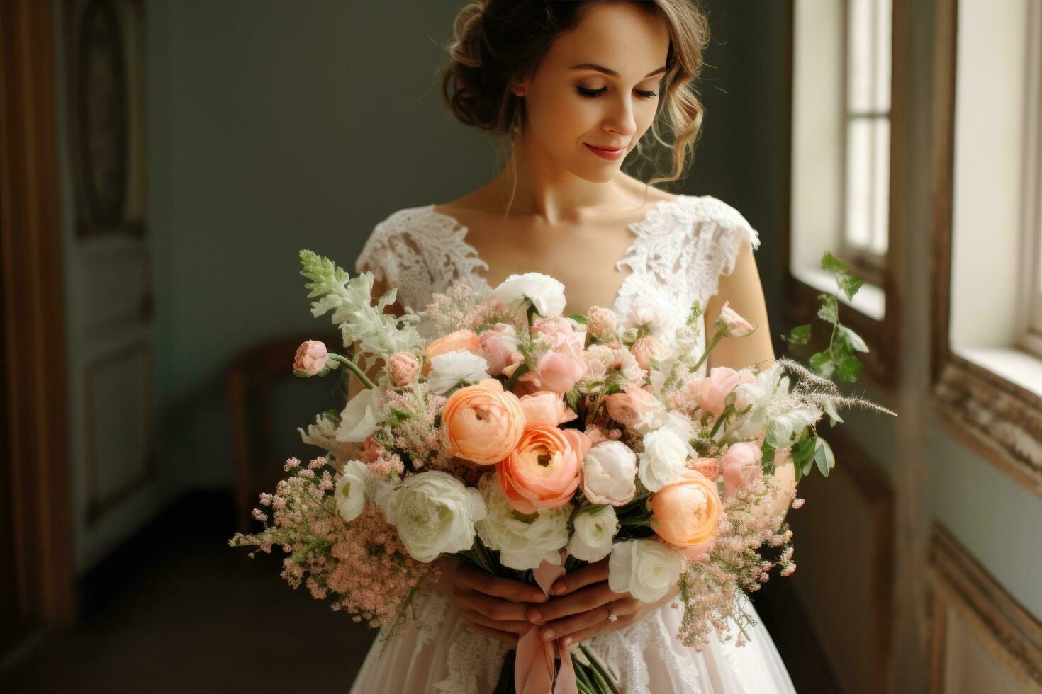 A beautiful bride holding her pink and white wedding bouquet photo