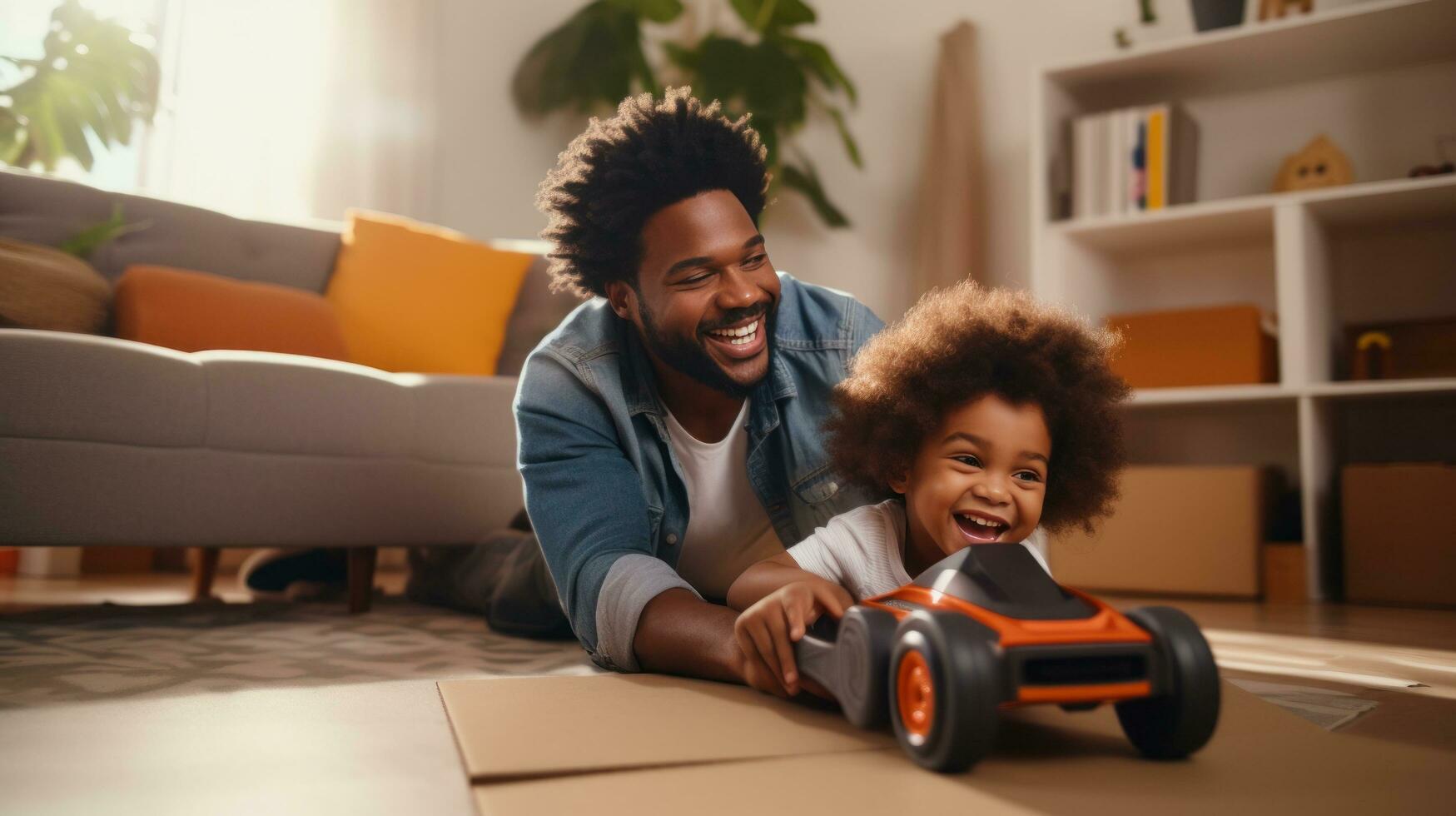 padre, hijo y jugando a hogar con fingir coche en un caja en Moviente día en nuevo propiedad foto