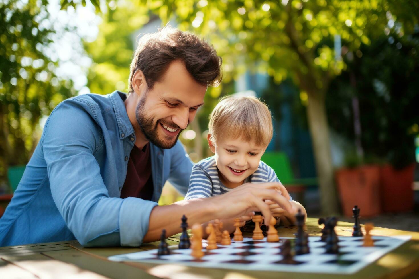 papá y niño jugando ajedrez foto