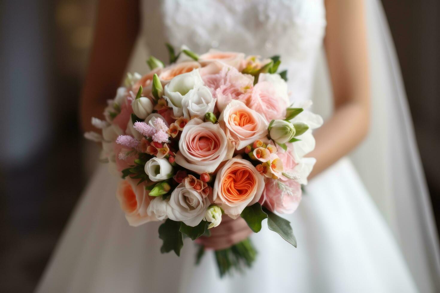 A beautiful bride holding her pink and white wedding bouquet photo