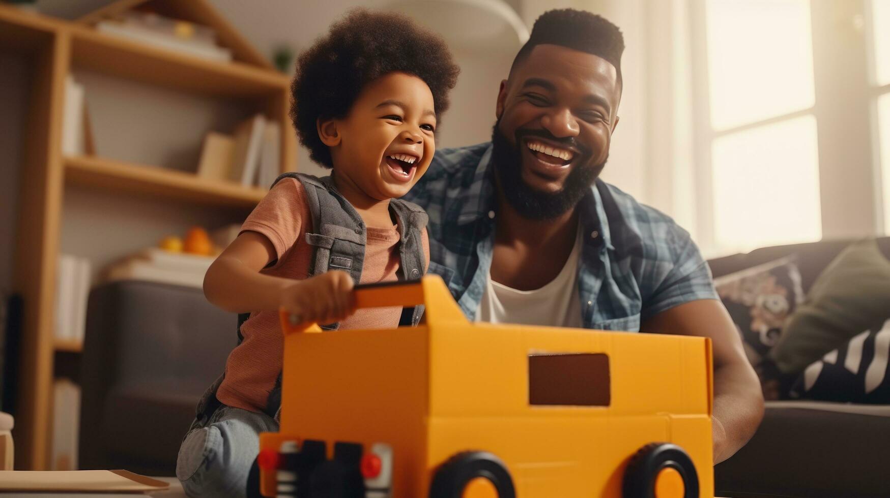 Father, son and playing at home with pretend car in a box on moving day in new property photo