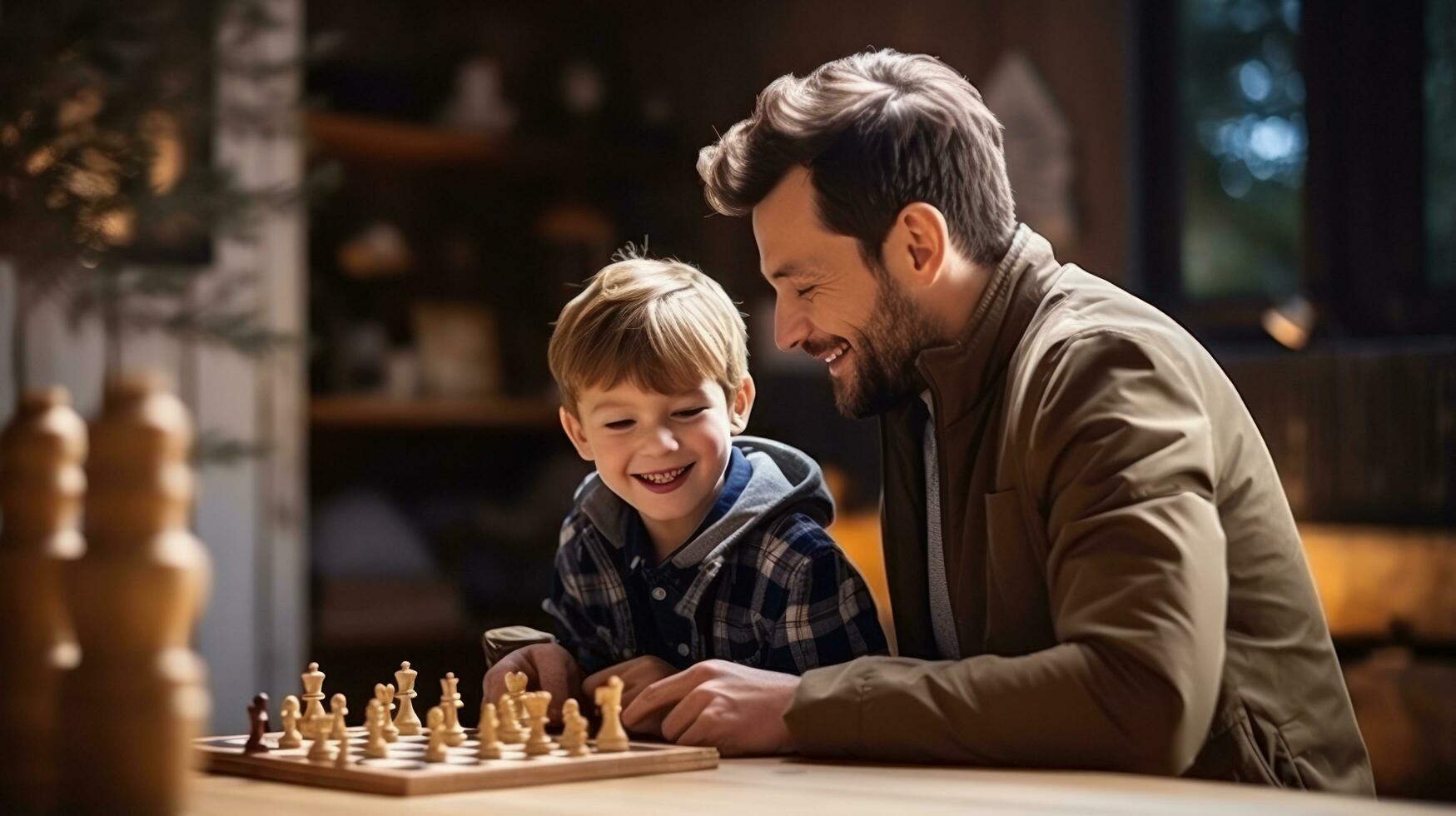 papá y niño jugando ajedrez foto