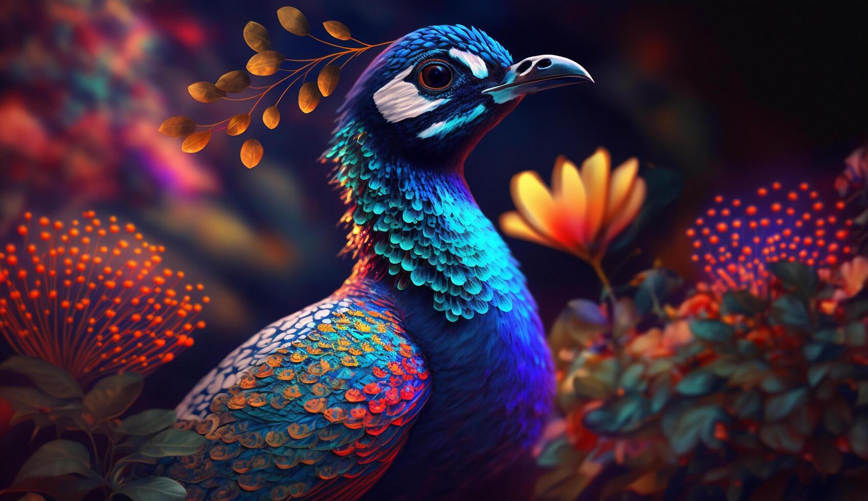 bird in colorful flowers background. photo
