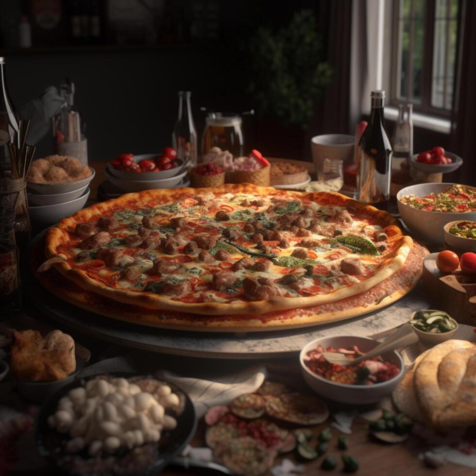 Hot tasty pizza with fire flames on dark background. Image for menu or poster. photo