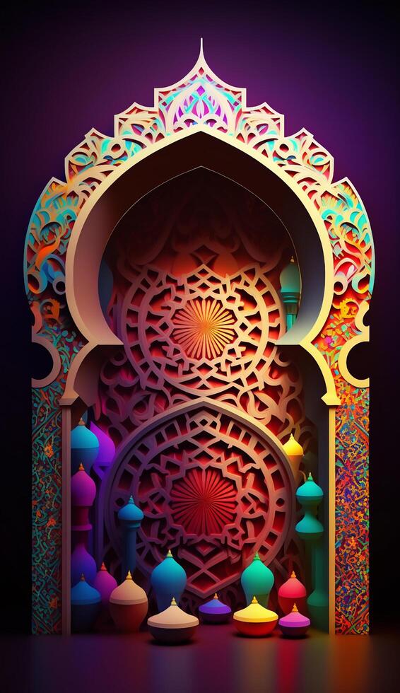 3d render mosque element in ornate arabic, Islamic archit ecture style interior. AI Generative photo