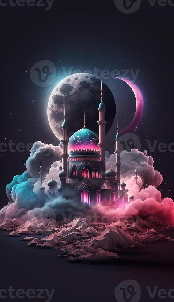 Mosque in the clouds with crescent moon. photo