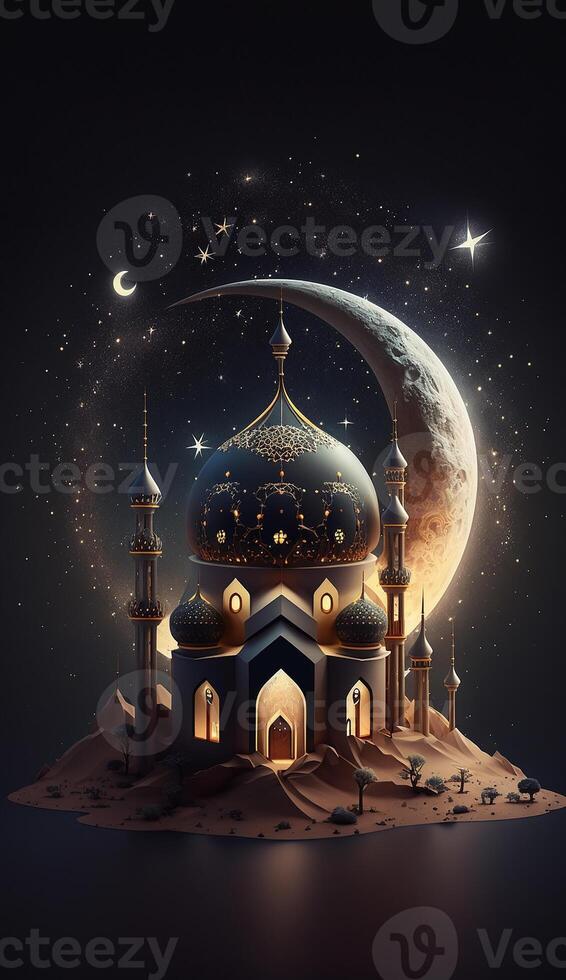 Mosque in the clouds with crescent moon. photo