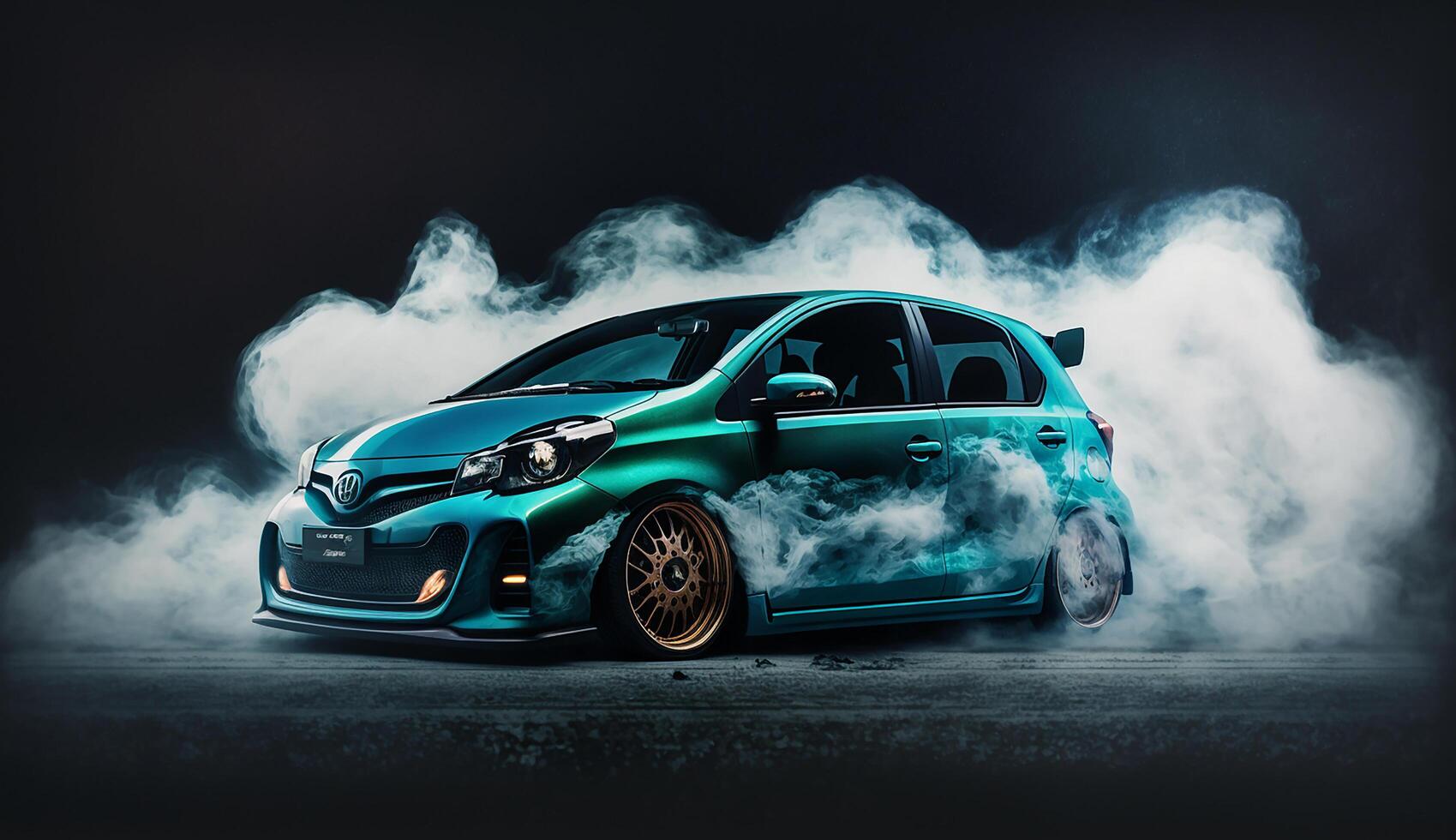 Classic modified car with dark smokie background, photo