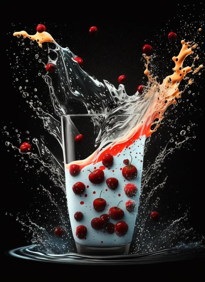 Fresh juice and smoothies with berries, fruits on dark background. photo