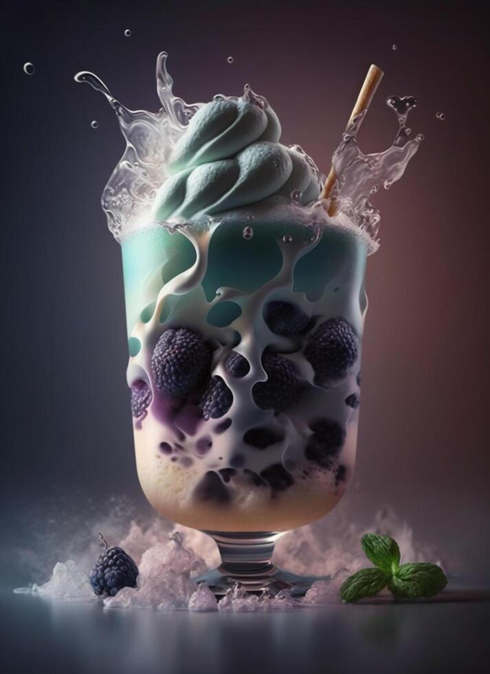 Fresh juice and smoothies with berries, fruits on dark background. photo