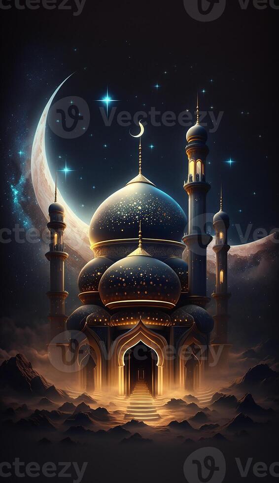 Mosque in the clouds with crescent moon. photo