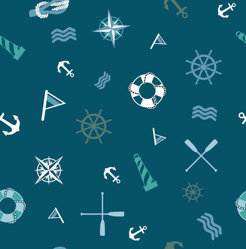 Colorful vector illustration of pattern with scattered nautical motifs. Art for wallpapers, prints on fabrics, etc.