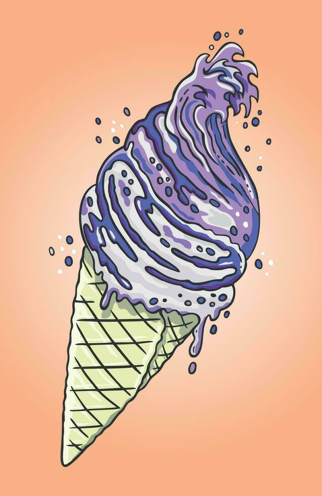 Vector multicolored stylized illustration of ice cream with waves. Art in stripped lines, handmade.