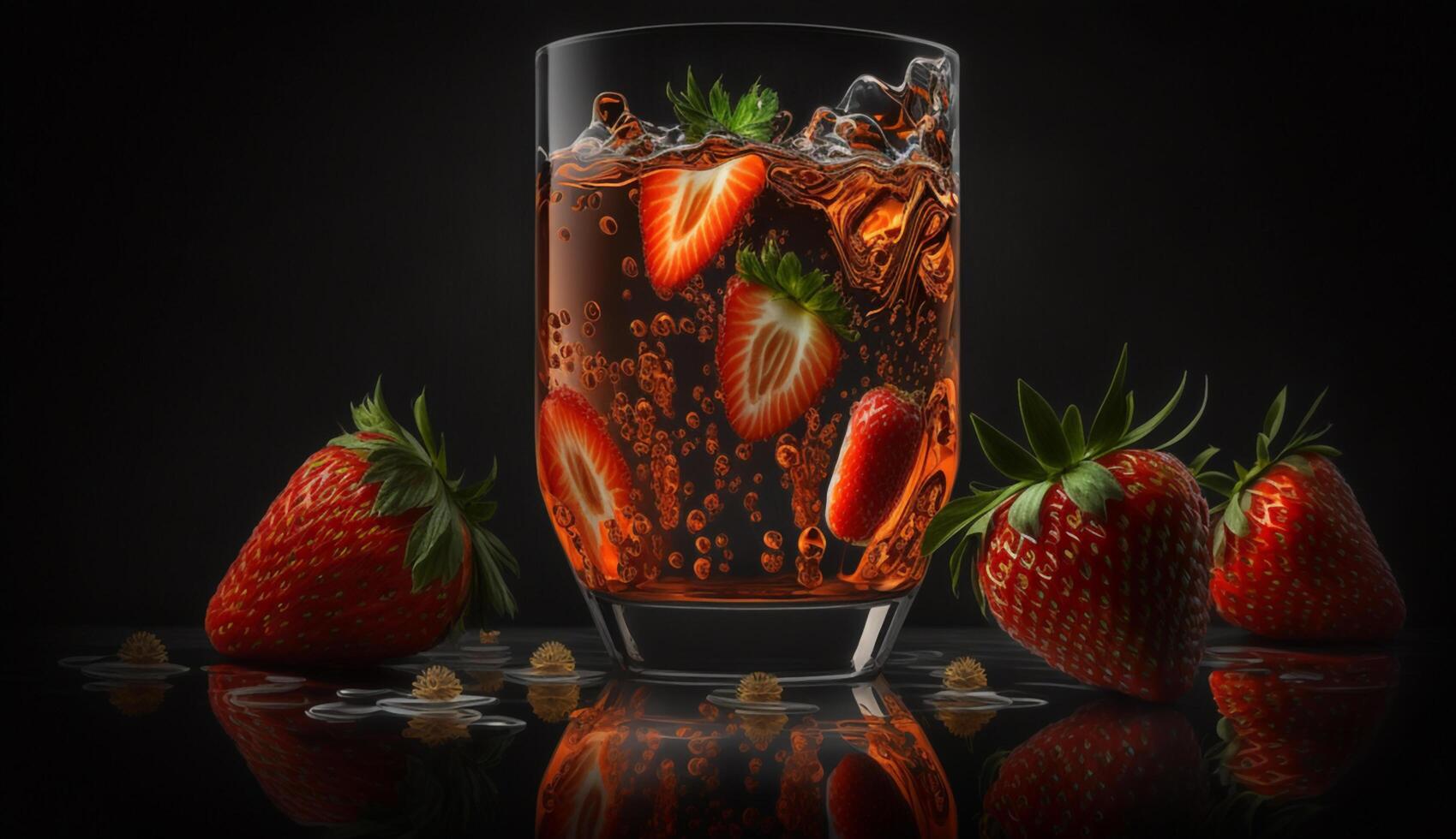 Fresh juice and smoothies with berries, fruits on dark background. AI Generative photo