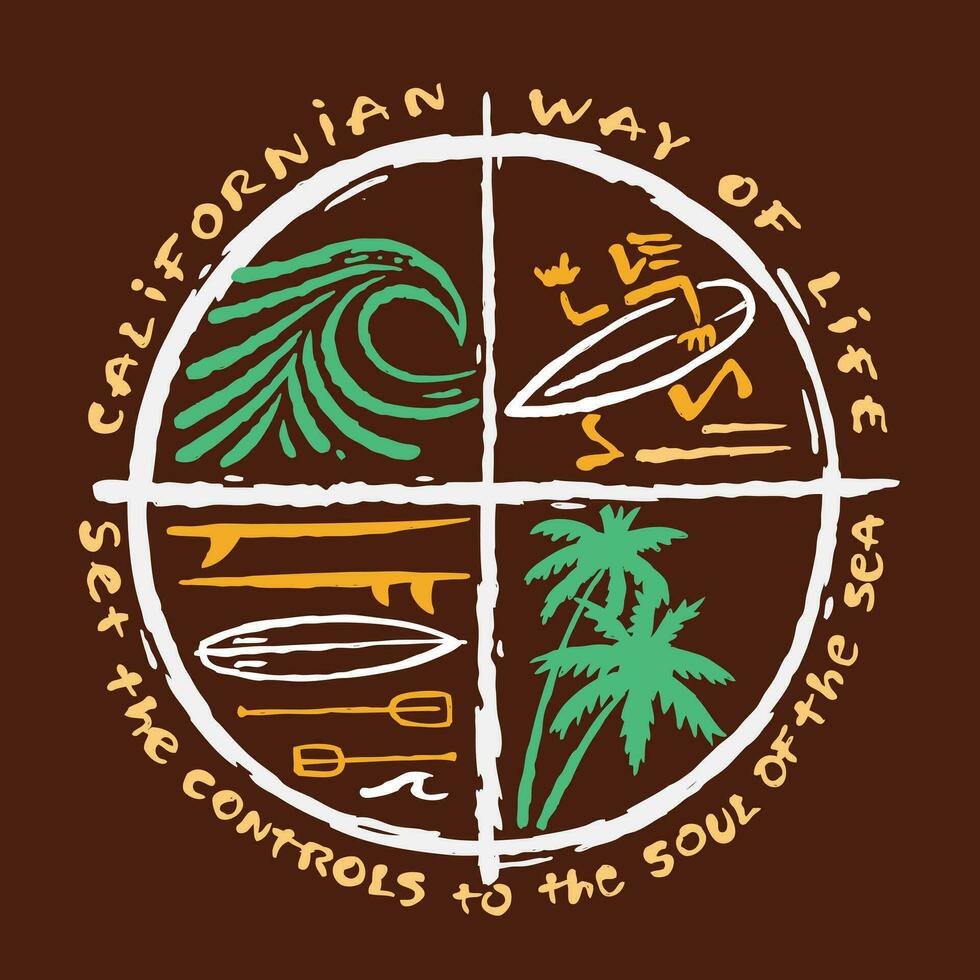 Handmade vector colorful illustration of surfing elements. Art in free and stripped style. Design for printing on t-shirts, posters and etc.