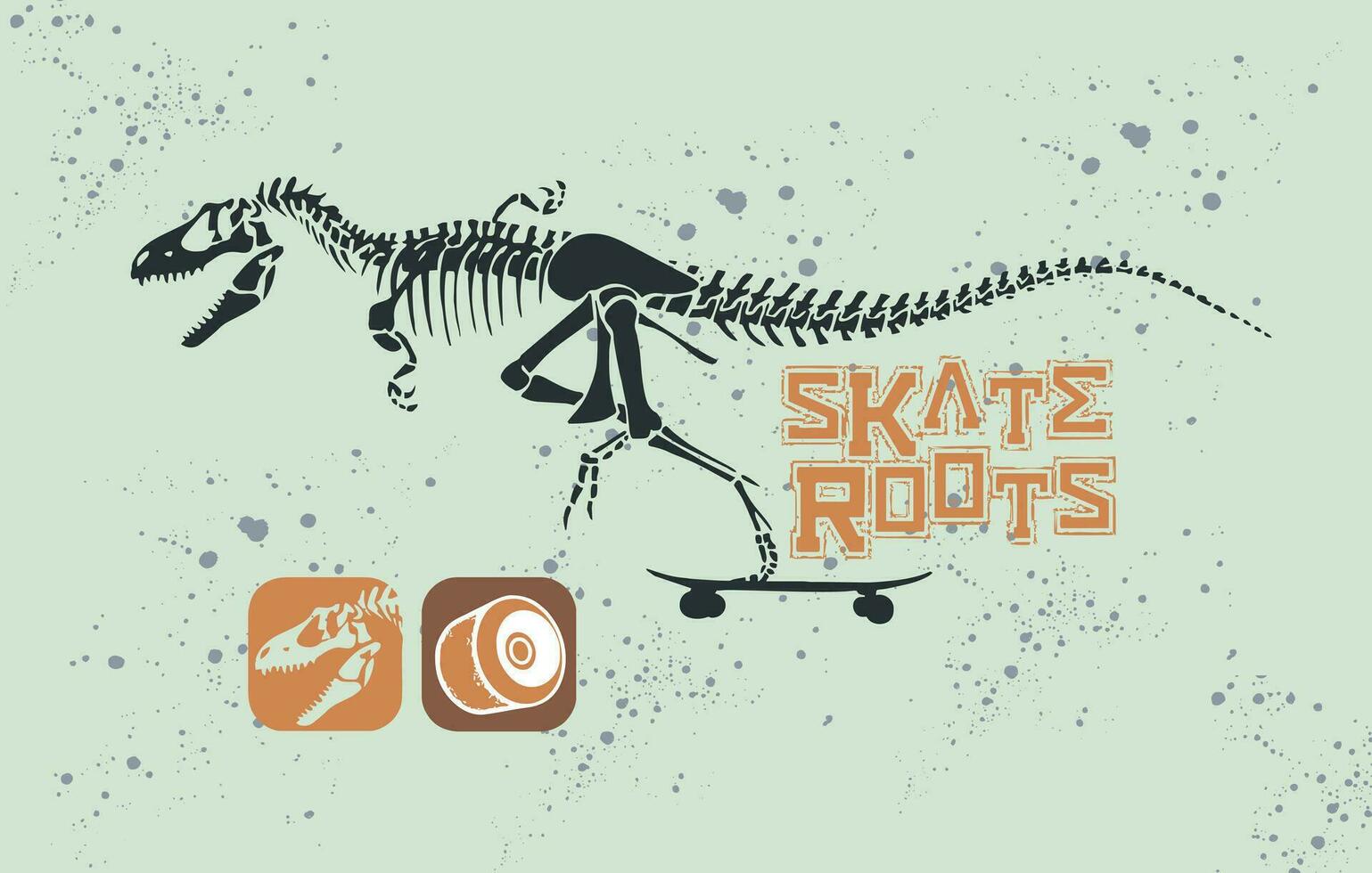 Vector illustration of velociraptor fossil riding a skateboard. Art with text and elements related to sport.