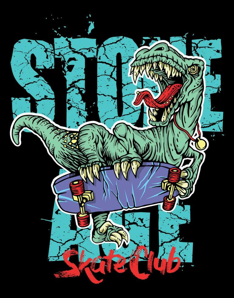 Vector colorful illustration in cartoon style of dinosaur riding a skateboard. Art with composition with lettering. Design for printing on t-shirts, posters and etc.