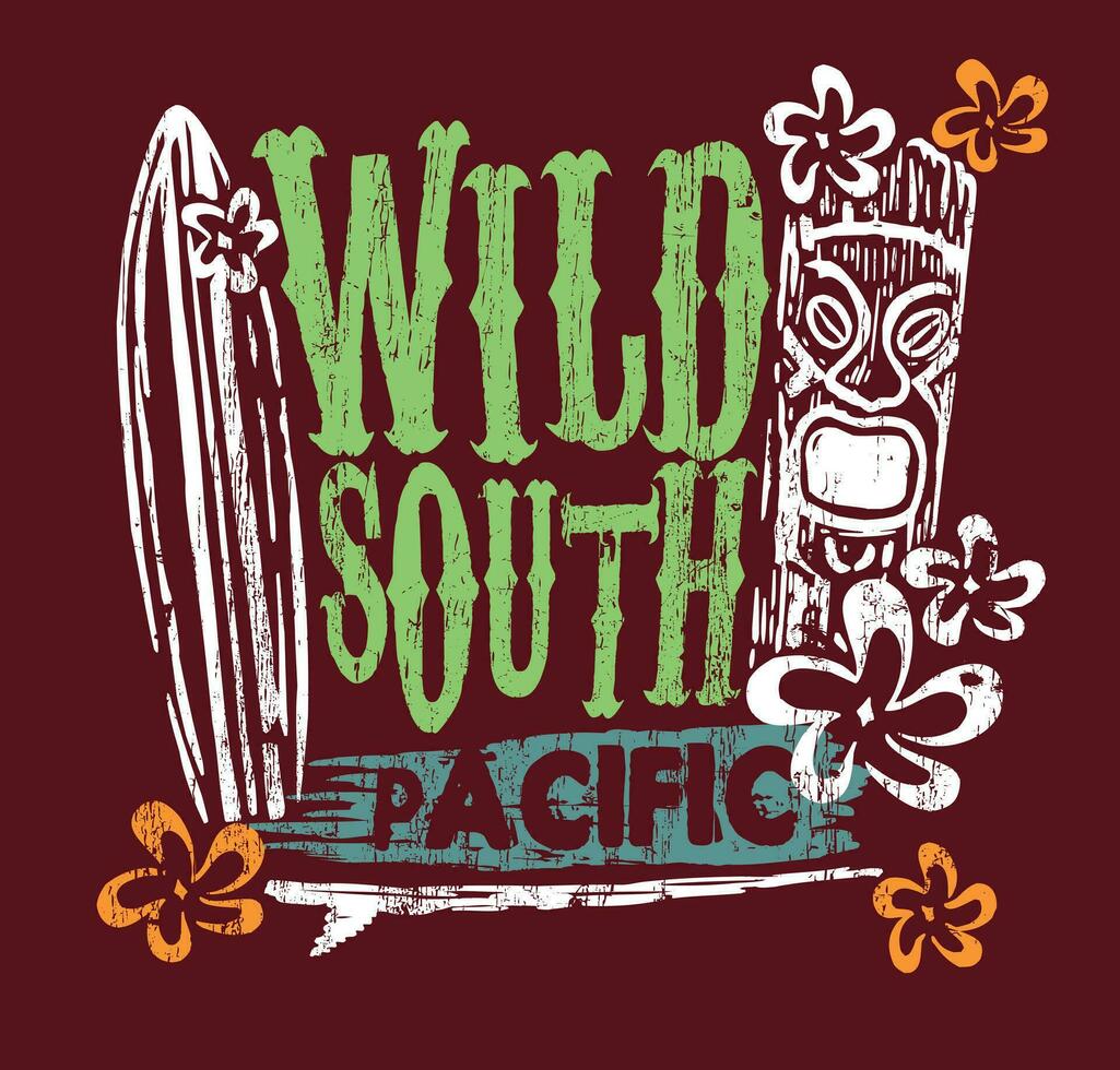 Vector illustration of surfboard with totem pole in composition with text. Design in rustic style. Art for printing on t-shirts, posters and etc...