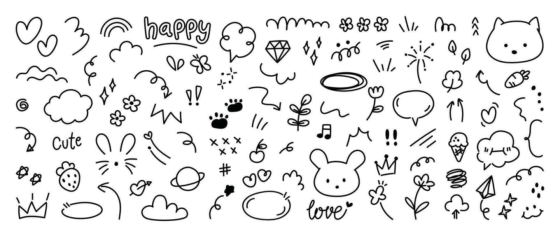 Set of cute pen line doodle element vector. Hand drawn doodle style collection of heart, speech bubble, word, cloud, strawberry, ice cream. Design for decoration, sticker, idol poster, social media vector