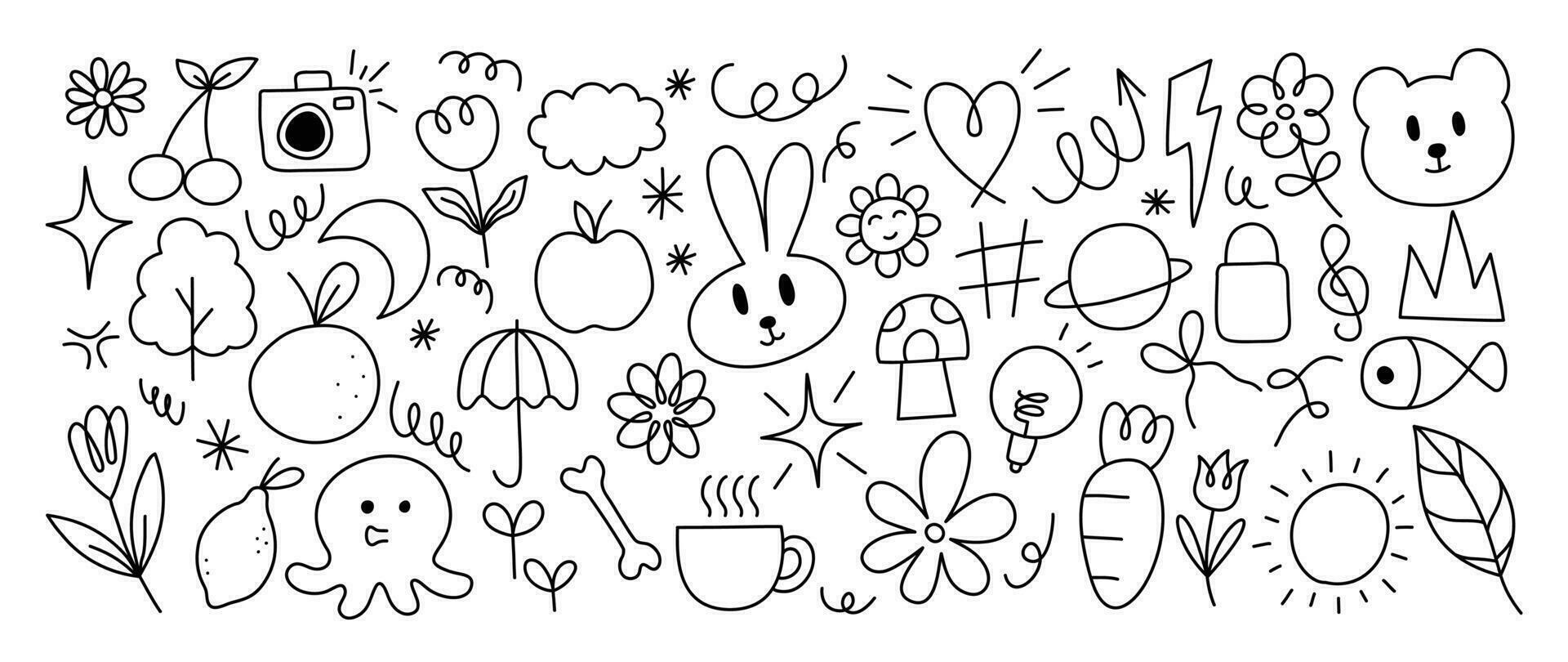 Set of cute pen line doodle element vector. Hand drawn doodle style collection of heart, flower, rabbit, bear, camera, scribble, arrow, apple. Design for decoration, sticker, idol poster, social media vector