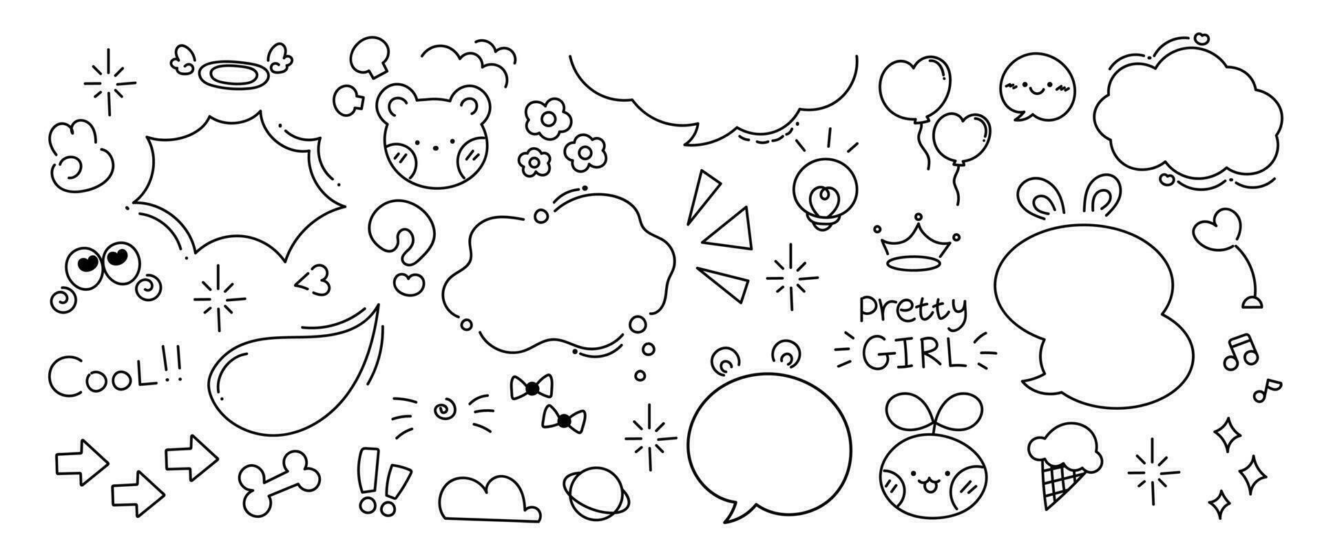 Set of cute pen line doodle element vector. Hand drawn doodle style collection of heart, flower, crown, word, speech bubble, ice cream, arrow. Design for decoration, sticker, idol poster, social media vector