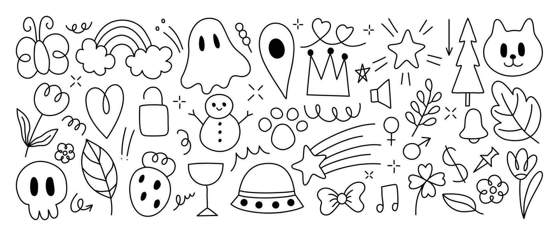 Set of cute pen line doodle element vector. Hand drawn doodle style collection of heart, flower, crown, skull, arrow, butterfly, snowman,tree. Design for decoration, sticker, idol poster, social media vector