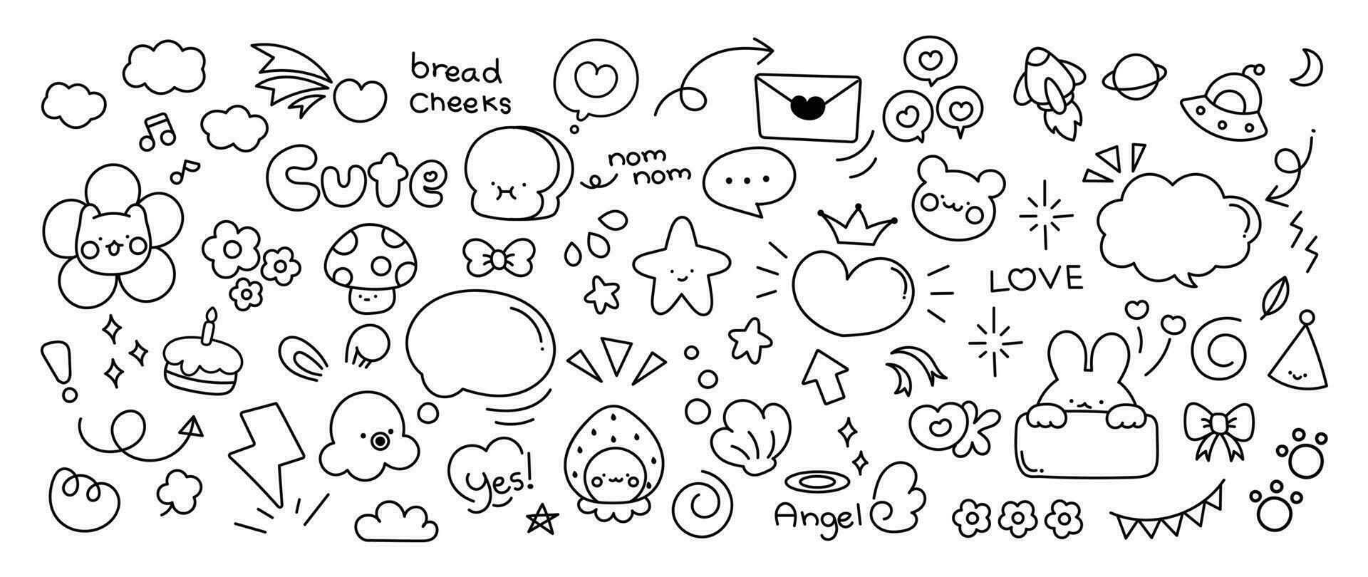 Set of cute pen line doodle element vector. Hand drawn doodle style collection of heart, flower, crown, word, mushroom, bread, rocket, squid. Design for decoration, sticker, idol poster, social media vector